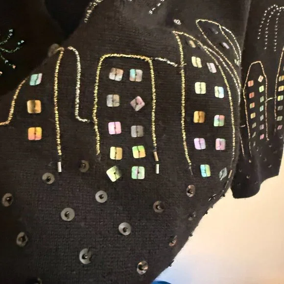 Vintage Y2K 2000 Beaded NYE Fireworks NYC City Skyline Merino Wool Cardigan XL - Picture 8 of 12